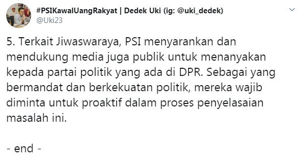 Cuitan Dedek Prayudi soal tagar #PSImingkemSoalJiwasraya (Twitter/uki23)