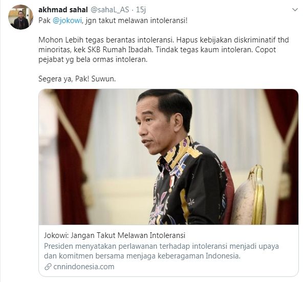 Akhmad Sahal mendesak Jokowi mencopot pejabat yang bela intoleran (Twitter/sahal_as)