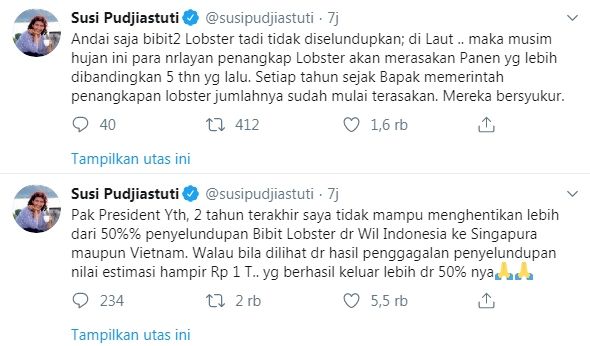 Pesan Susi Pudjiastuti untuk Jokowi soal ekspor benih lobster (Twitter/susipudjiastuti)