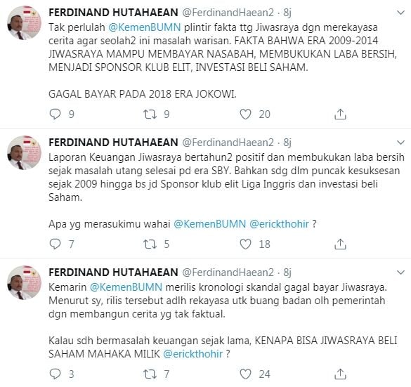 Ferdinand Hutahaean sebut BUMN pelintir fakta Jiwasraya (Twitter/ferdinandhaean2)