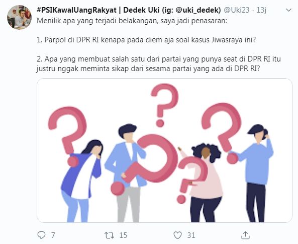 PSI mempertanyakan sikap parpol di DPR soal Jiwasraya (Twitter/uki23)