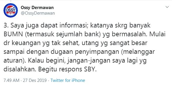 Staf pribadi ungkap reaksi SBY soal informasi banyak BUMN bermasalah (Twitter/ossydermawan)