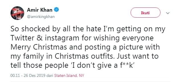 Postingan Amir Khan terkait kontroversi pengucapan Selamat Natal. [Twitter/amirkingkhan]