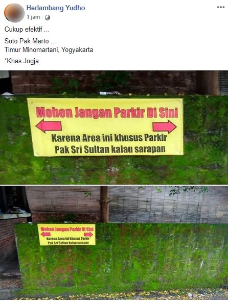 Viral rambu tulisan lokasi parkir khusus Sultan Jogja. (Facebook/Herlambang Yudho)