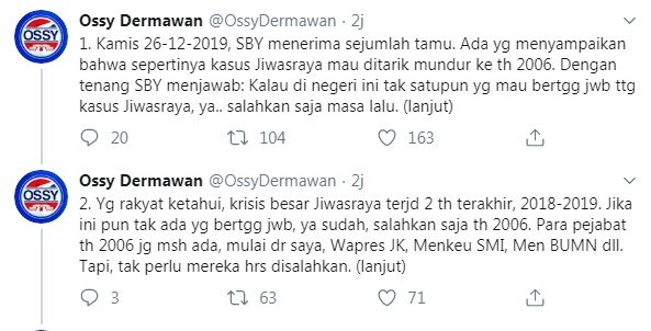 Staf pribadi ungkap reaksi SBY soal kasus Jiwasraya (Twitter/ossydermawan)