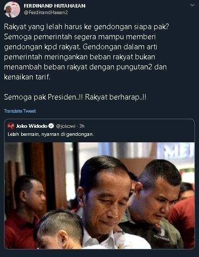 Ferdinand soroti foto Jokowi gendong Jan Ethes. (Twitter/@FerdinandHaean2)