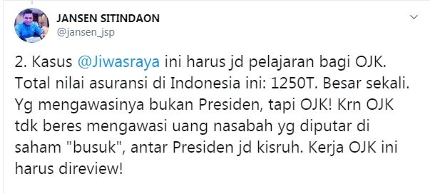 Jansen sebut OJK penyebab kisruh antar presiden (Twitter/jansen_jsp_