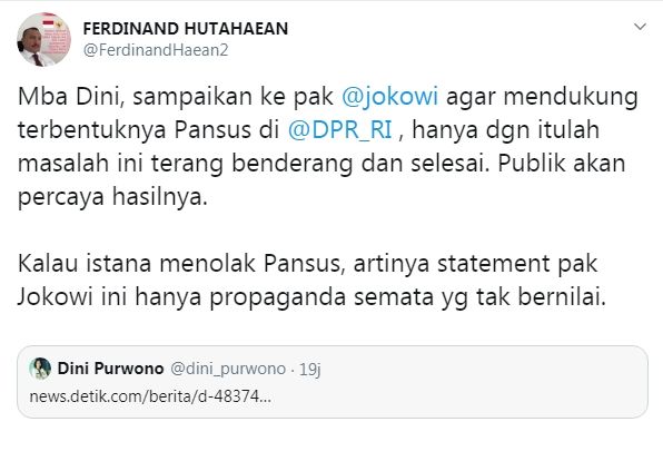 Ferdinand Hutahaean minta Stafsus sampaikan pesan ke Jokowi (Twitter/ferdinandhaean2)