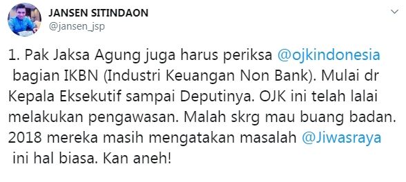 Jansen sebut OJK penyebab kisruh antar presiden (Twitter/jansen_jsp)