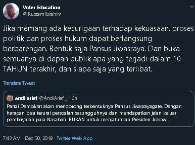 Rustam Ibrahim dukung pembentukan pansus Jiwasraya. (Twitter/@RustamIbrahim)