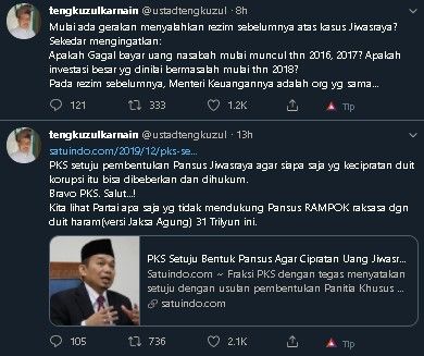 Cuitan Tengku Zul soal PKS dukung bentuk Pansus Jiwasraya. (Twitter/@ustadztengkuzul)