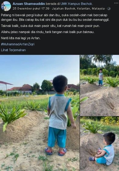 Bocah main pasir di makam kedua orangtuanya. (Facebook/Azuan Shamsuddin)