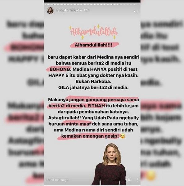 Seorang sahabat bernama Fanny Larambadar mengungkap kalau Medina Zein pakai Happy 5. [Instagram]