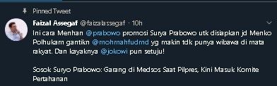 Cuitan Faizal Assegaf soal penujunjukkan Johannes Suryo Prabowo di Kemenhan. (Twitter/@faizalassegaf)