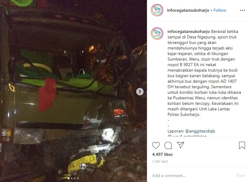Viral truk kejar-kejaran melawan bus. (Instagram/@infocegatansukoharjo)