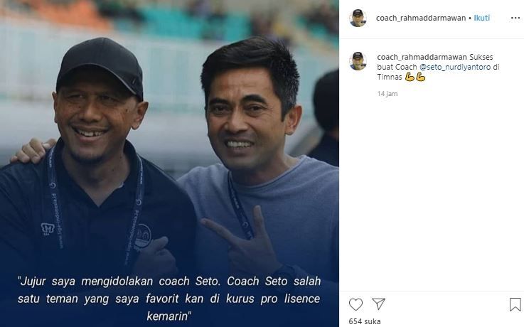 Rahmad Darmawan isyaratkan Seto Nurdiantoro menuju Timnas Indonesia. (Instagram/@coach_rahmaddarmawan).