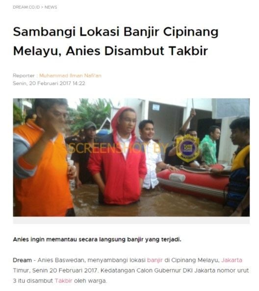 Anies Baswedan disebut tak diliput media saat kunjungi banjir Jakarta 2020. (turnbackhoax.id)