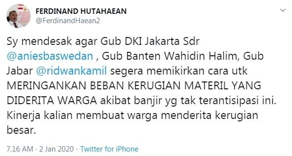 Ferdinand Hutahaean soal banjir di Jabodetabek (Twitter/ferdinandhaean2)