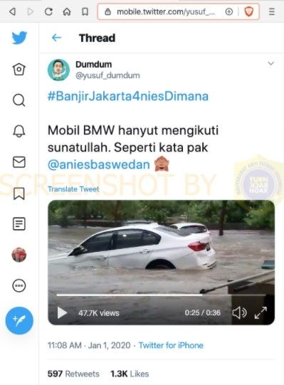 Postingan #BanjirJakarta4niesDimana Mobil BMW Hanyut Mengikuti Sunatullah?. (turnbackhoax.id)