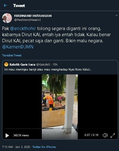 Cuitan Ferdinand soal video Dirut KAI Edi Sukmoro tinjau banjir. (Twitter/@FerdinandHaean2)