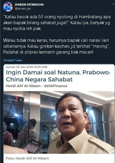 Jansen tanggapi pernyataan Prabowo soal klaim China atas Laut Natuna. (Twitter/@jansensitindaon)