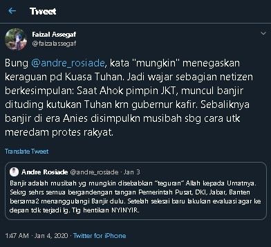 Faizal Assegaf tanggapi cuitan Andre Rosiade soal banjir. (Twitter/@faizalassegaf)