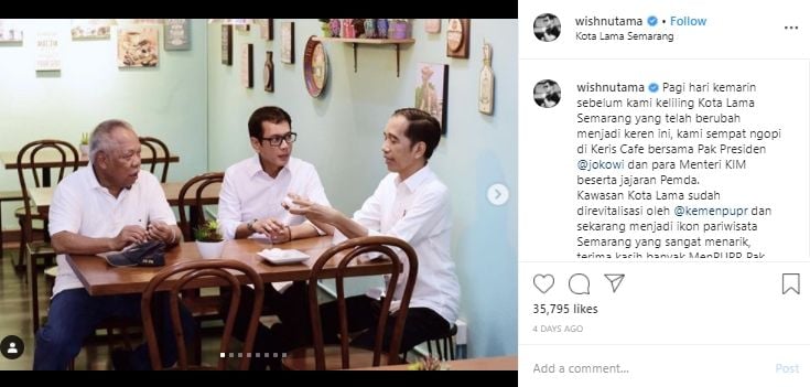 Wishnutama dan Presiden Joko Widodo saat berada di Keris Cafe, Semarang. (Instagram/@wishnutama)