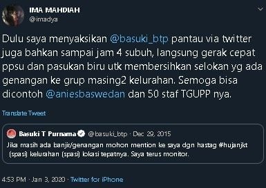 Ima Mahdiah ungkit cuitan lawas Ahok yang memonitor korban banjir. (Twitter/@imadya)