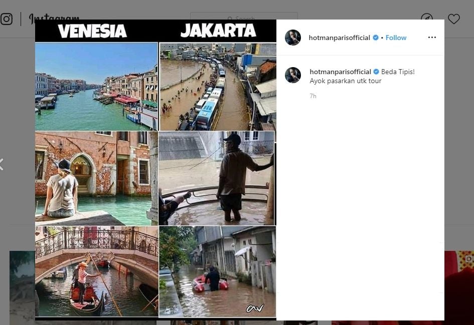 Sandingkan Foto Venesia dan Jakarta, Hotman Paris: Beda Tipis. (instagram.com/hotmanparisofficial)