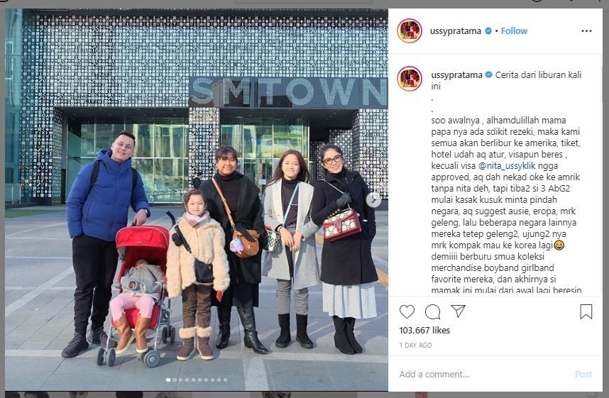 Andhika Pratama, Ussy Sulistiawaty dan keluarga di Korea Selatan (instagram.com/ussypratama)