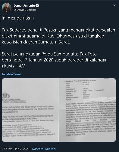 Peneliti Pusaka dikabarkan ditangkap. (Twitter/@DamarJuniarto)