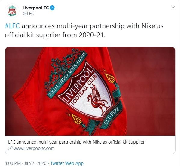 Pernyataan resmi Liverpool soal kerja sama dengan Nike. (Twitter/@LFC)