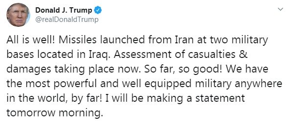 Pernyataan Trump setelah pangkalan militernya dibombardir Iran (Twitter/realdonaldtrump)