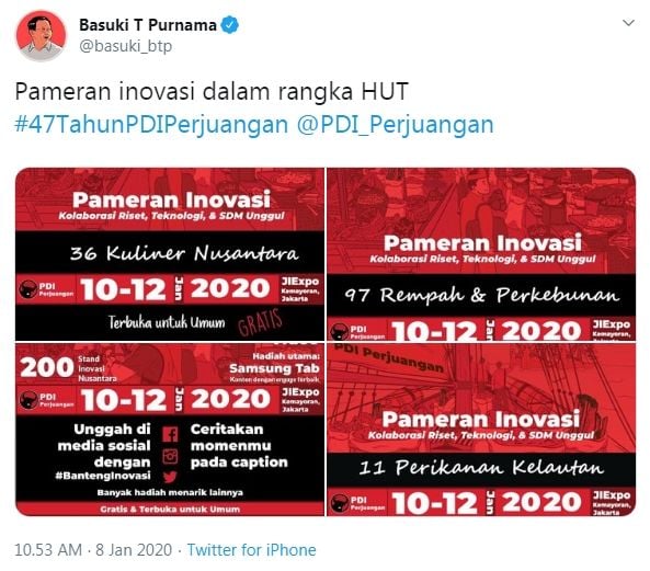 Ahok promosikan rangkaian acara HUT PDIP (Twitter/basuki_btp)