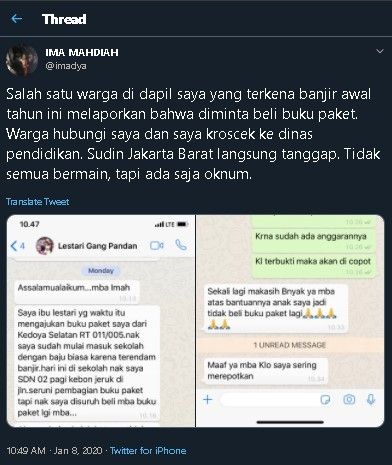 Cuitan Ima Mahdiah soal korban banjir diminta beli buku paket. (Twitter/@imadya)