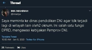 Cuitan Ima Mahdiah soal korban banjir diminta beli buku paket. (Twitter/@imadya)