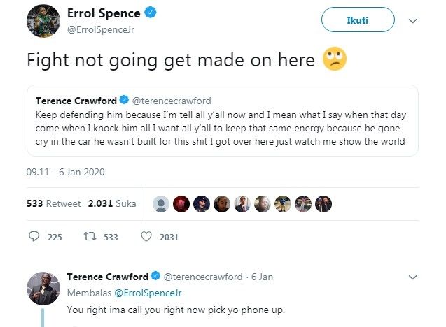 Errol Spence membalas tweet tantangan dari Terence Crawford. [Twitter/Errol Spence Jr]