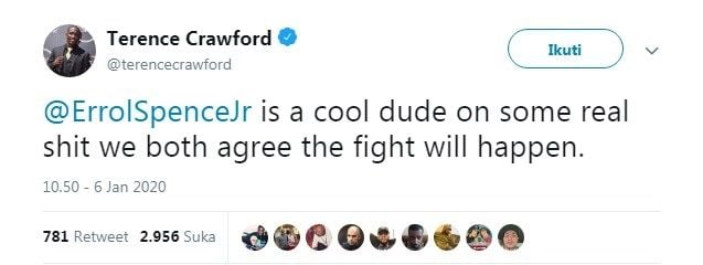 Terence Crawford mengklaim telah sepakat bertarung dengan Errol Spence. [Twitter/Terence Crawford]