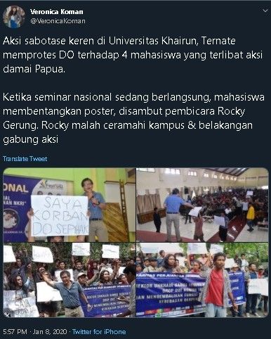 Mahasiswa Unkhair Protes di tengah seminar Rocky Gerung. (Twitter/@VeronicaKoman)