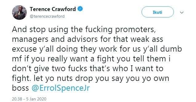 Terence Crawford menantang Errol Spence berduel. [Twitter/Terence Crawford]