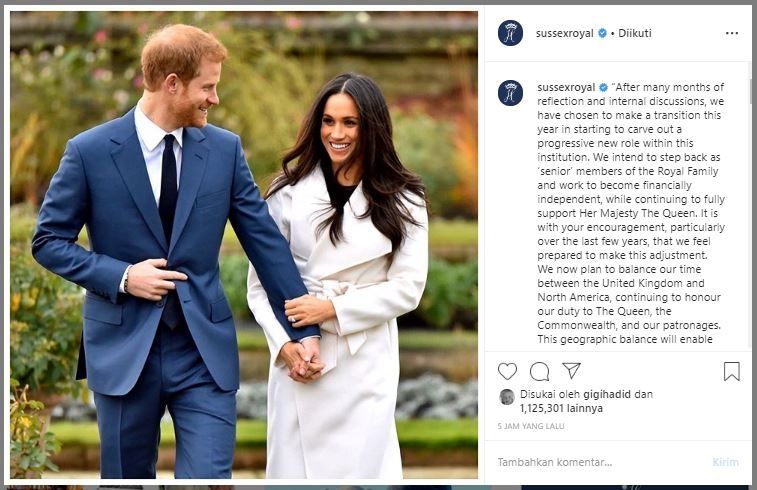 Pangeran Harry mengumumkan mundur dari anggota kerajaan. (Instagram/@sussexroyal)