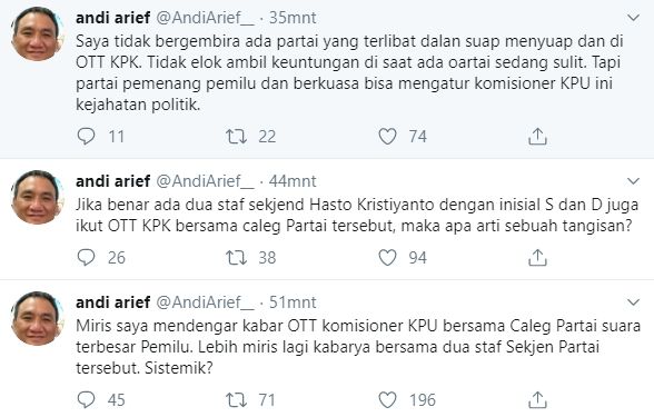 Andi Arief sebut staf sekjen PDIP terseret OTT Wahyu Setiawan (Twitter/andiarief_)
