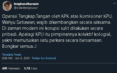 Cuitan Tengku Zul soal Komisioner KPU kena OTT KPK. (Twitter/@ustadtengkuzul)