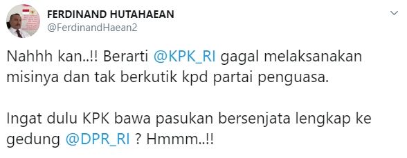 Ferdinand PD tuding KPK tak berkutik ke partai penguasa (Twitter/ferdinandhaean2)