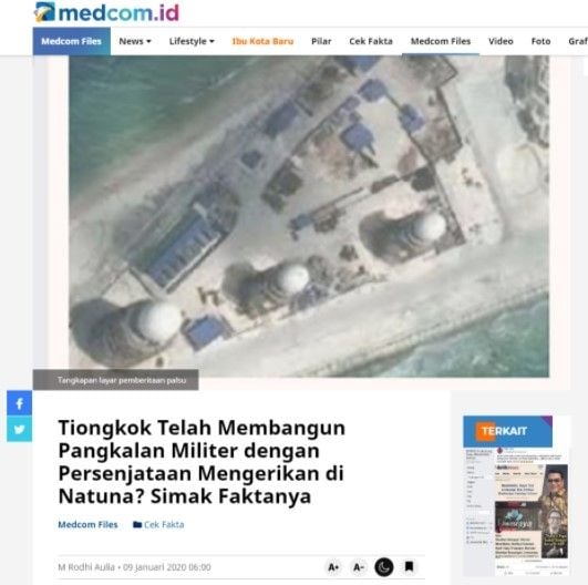 Foto "Ternyata China telah Persenjataan Militer di Natuna, dengan Senjata Mengerikan". (turnbackhoax.id)