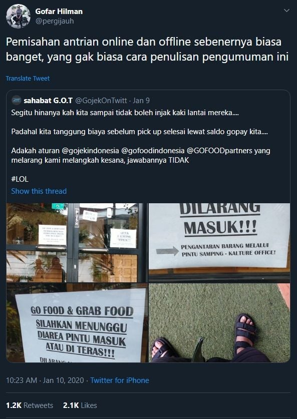 Unggahan Gofar Hilman terkait diskriminasi restoran. (Twitter)