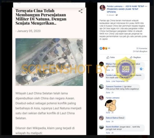 Foto "Ternyata China telah Persenjataan Militer di Natuna, dengan Senjata Mengerikan". (turnbackhoax.id)