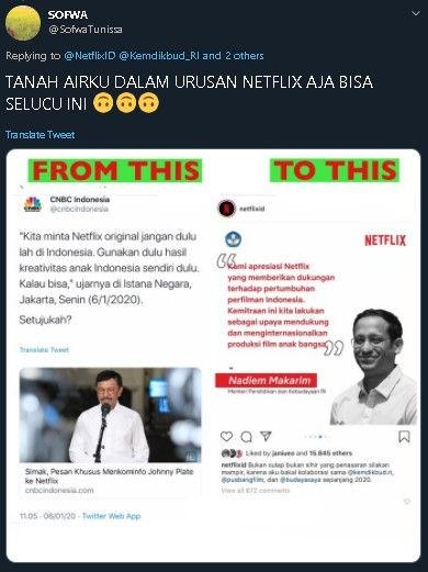 Beda sikap Kemdikbud dan Kominfo soal Netflix. (Twitter/@SofwaTunisa)