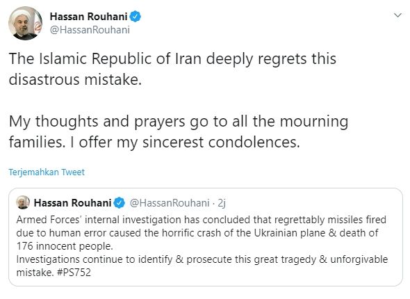 Presiden Iran minta maaf terkait salah tembak pesawat Ukraina (Twitter/hassanrouhani)