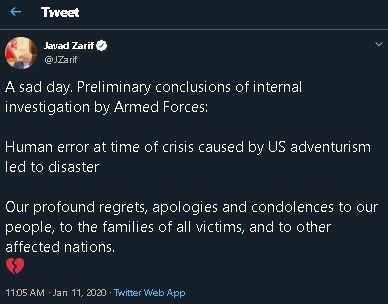 Cuitan Menteri Luar Negeri Iran soal jatuhnya pesawat Ukraina. (Twitter/JZarif)